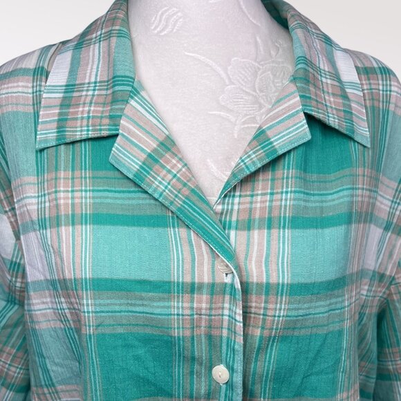 Allison Daley Green Plaid Button Front Blouse Short Sleeve Cotton 16 Petite - Picture 2 of 8